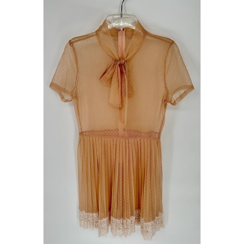 Handmade Women's Sheer Lace A Line Dress Tie Neck Zip Pleated Peach & White